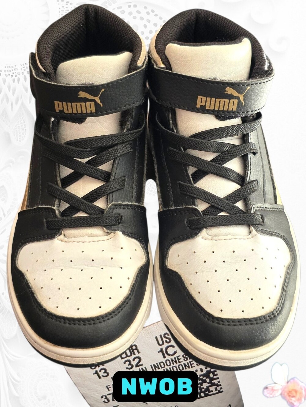 NWOB Puma Rebound LayUp Mid V PS High Top Sneakers Kids 1C Black White